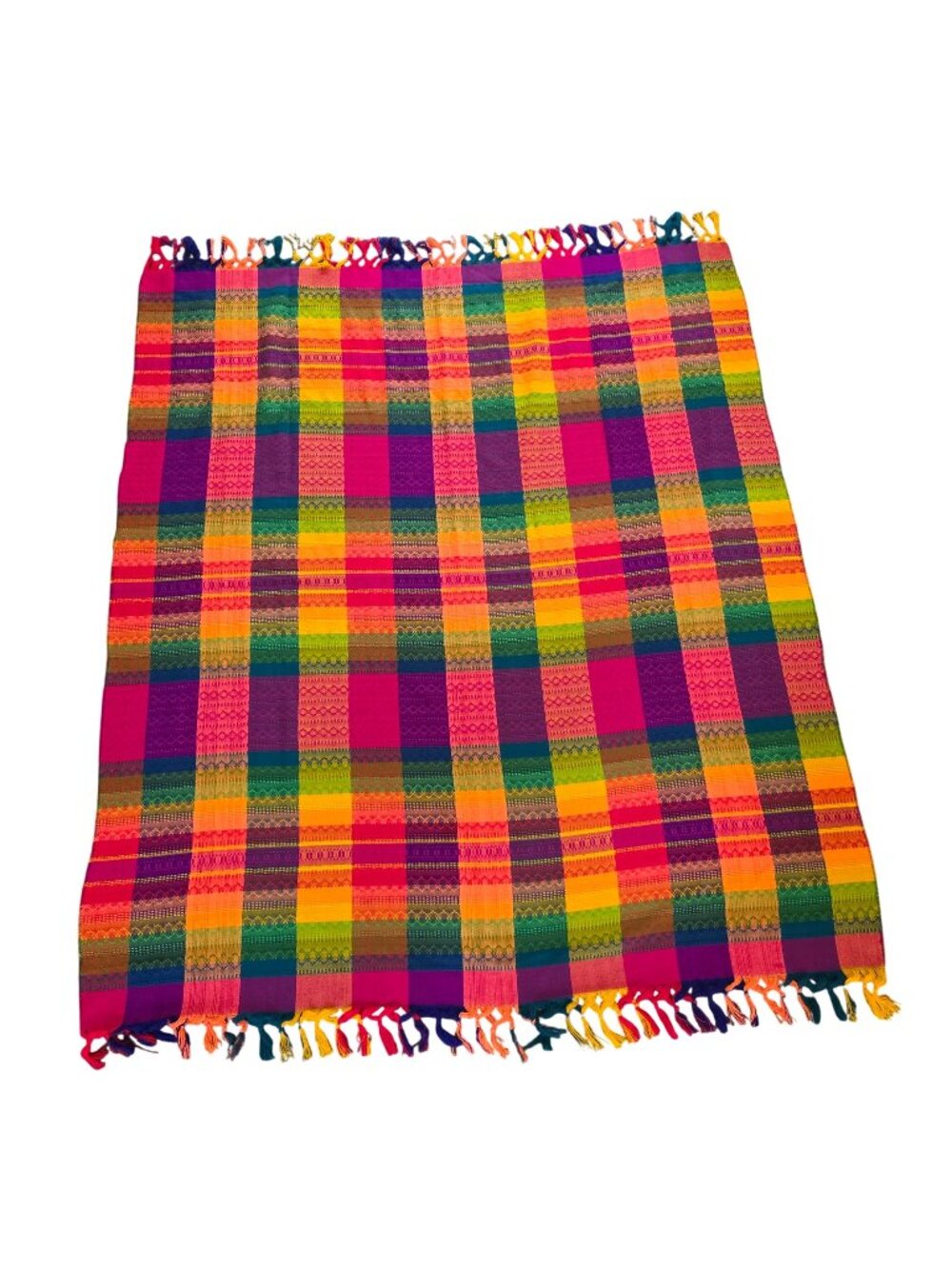 Vtg Rainbow Handwoven Plaid Throw Blanket Fringe Vibrant Multicolor Stripe 65x58